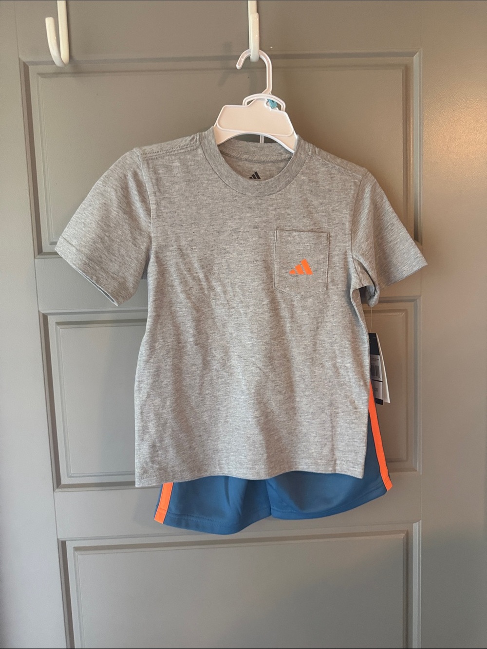 NWT adidas Gray Heather Tee & Blue Shorts Set with Orange Accents